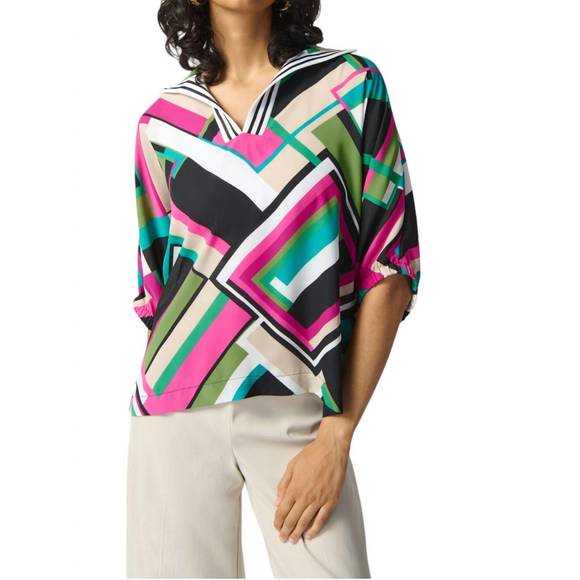 NEW JOSEPH RIBKOFF georgette geometric print boxy top in black/multi - Picture 1 of 5